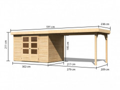 Drevený záhradný domček s prístavkom 591 x 238 cm Dekorhome