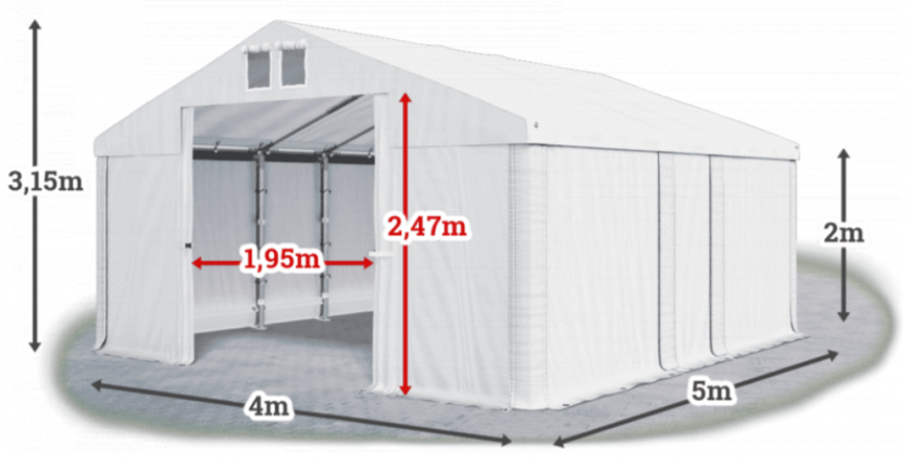 Skladový stan 4x5x2m strecha PVC 580g/m2 boky PVC 500g/m2 konštrukcie LETO-farba sivá